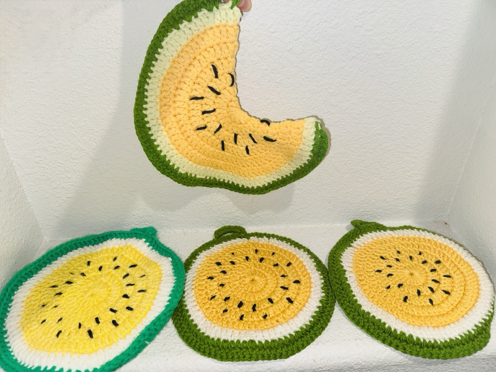 Handmade Crochet Fruit Potholder Set Of 4 Kiwi Watermelon Trivets Summer Decor gallery
