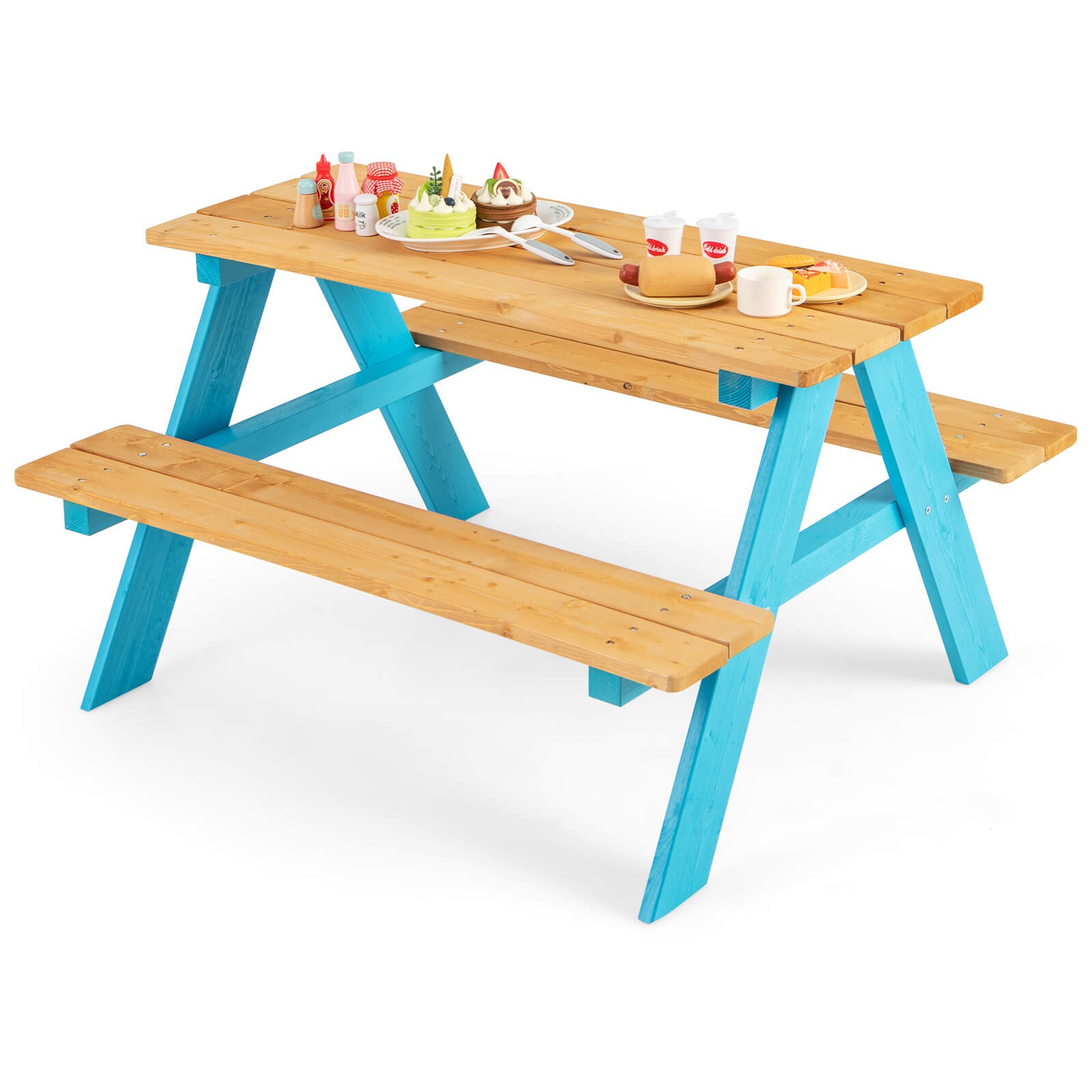 Kids Picnic Table Set Children Outdoor Wooden Table with Bench Seats Backyard gallery