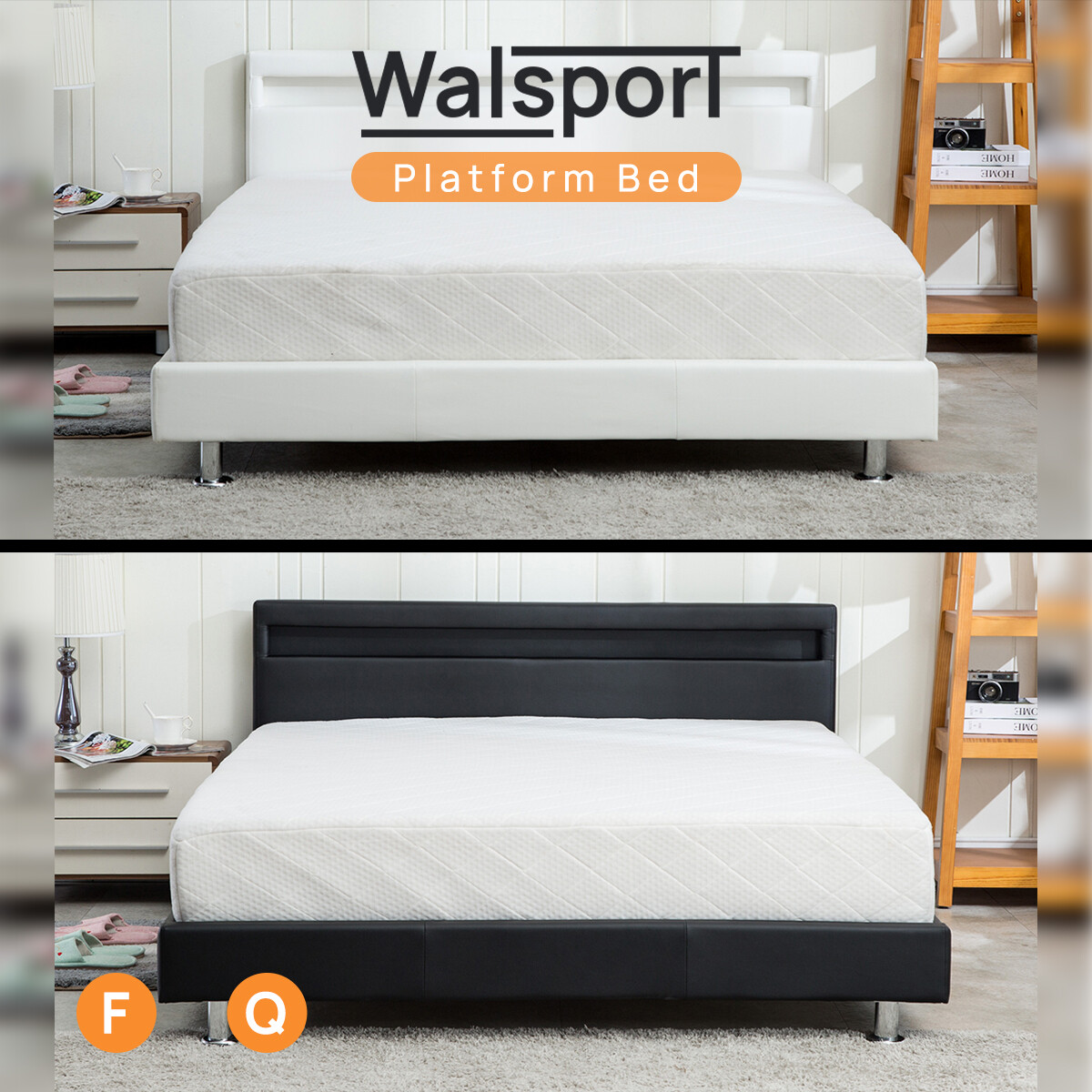 Queen/Full Size Platform Bed Frame Leather w/LED Light Headboard Slats Bedroom gallery