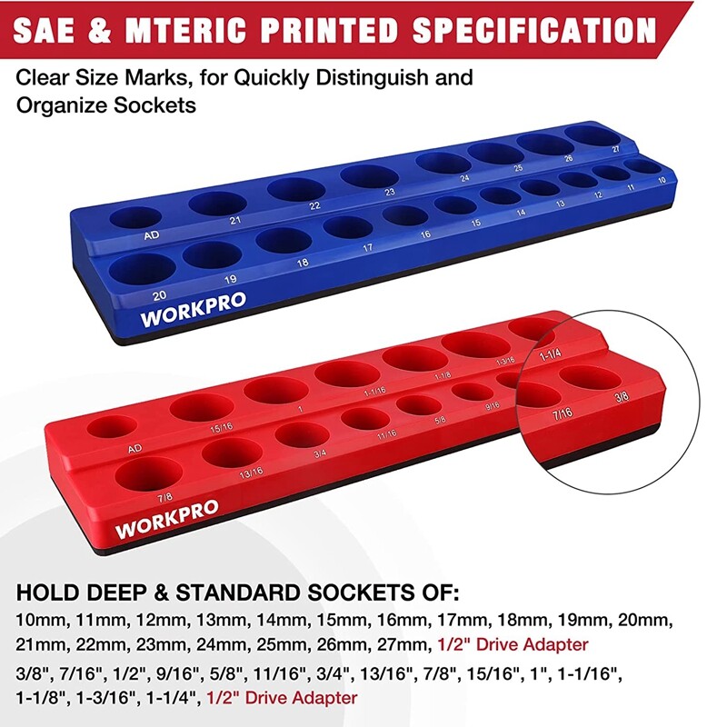 WORKPRO 2PC 1/2" Magnetic Socket Organizer Set Socket Holder Cart Set SAE Metric gallery