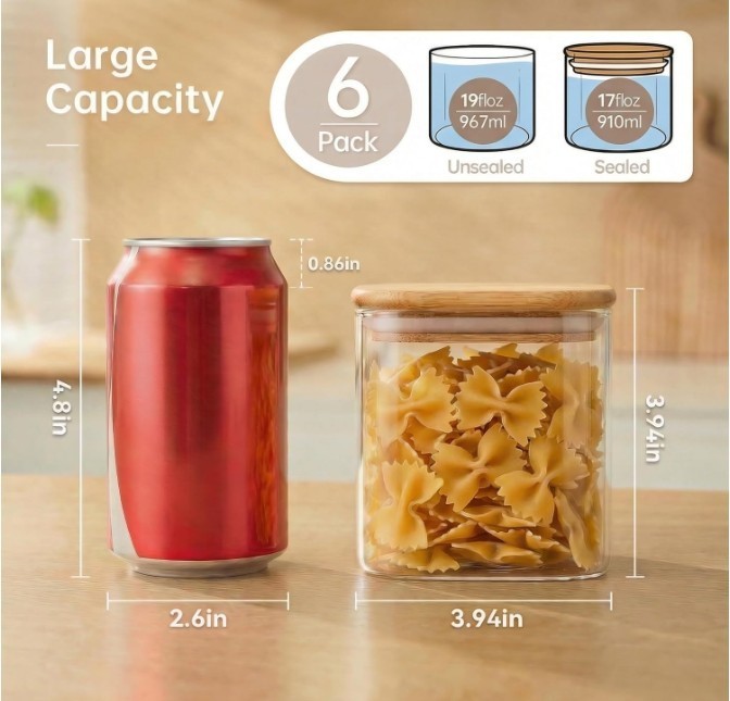 Chef's Counter Square Glass Jars with Bamboo Lids 27 FL OZ [Set of 6] gallery