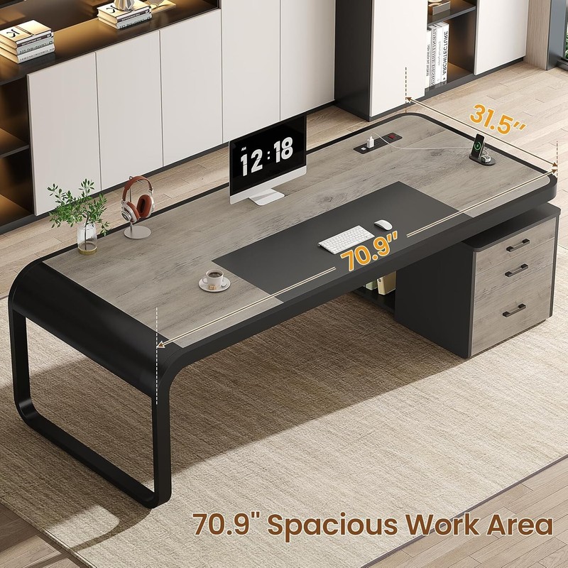 70.9" Executive Desk, Large Computer Desk with Lateral File Cabinet, Office Desk gallery