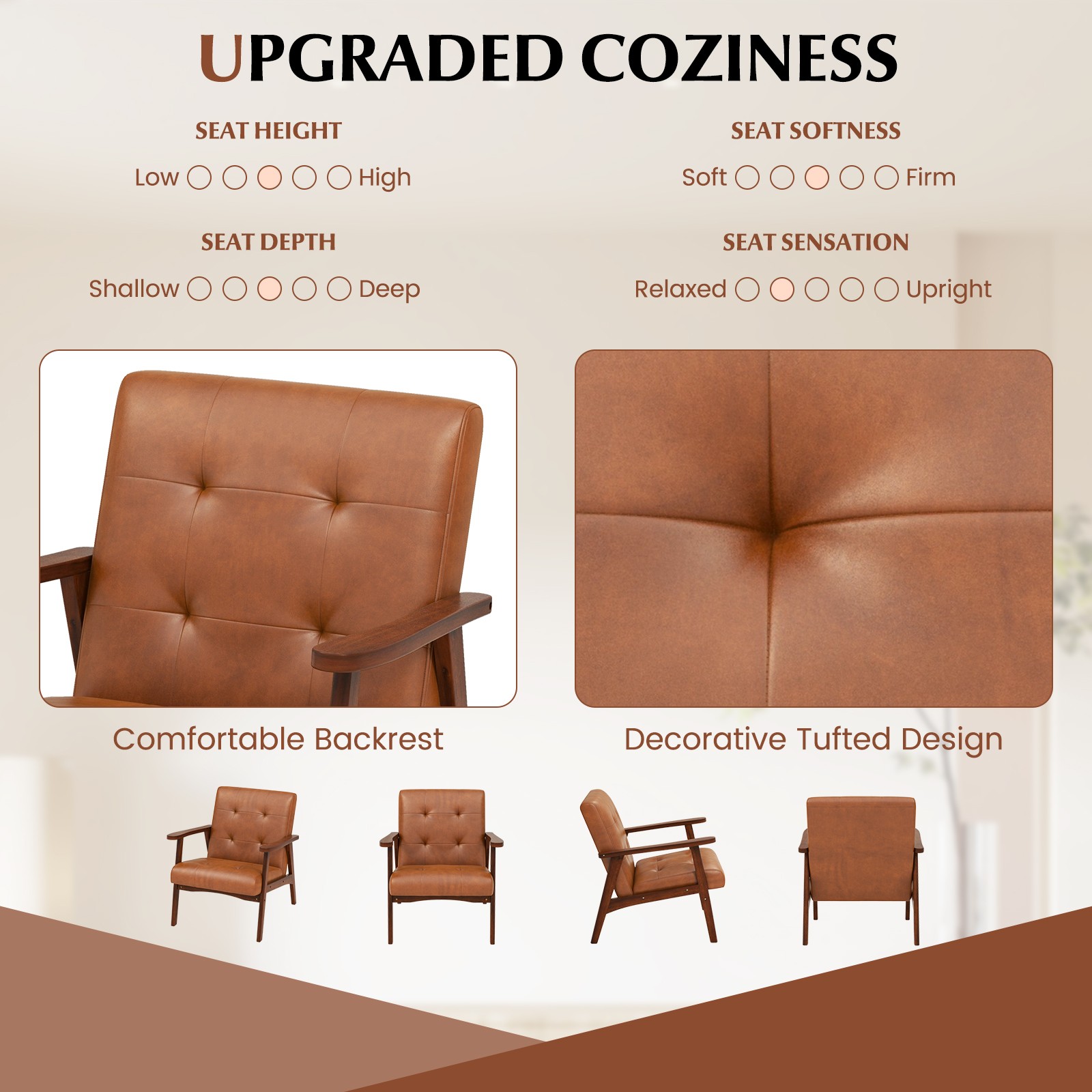 2PCS Mid Century Accent Chairs Tufted Reading Armchair Solid Rubber Wood gallery