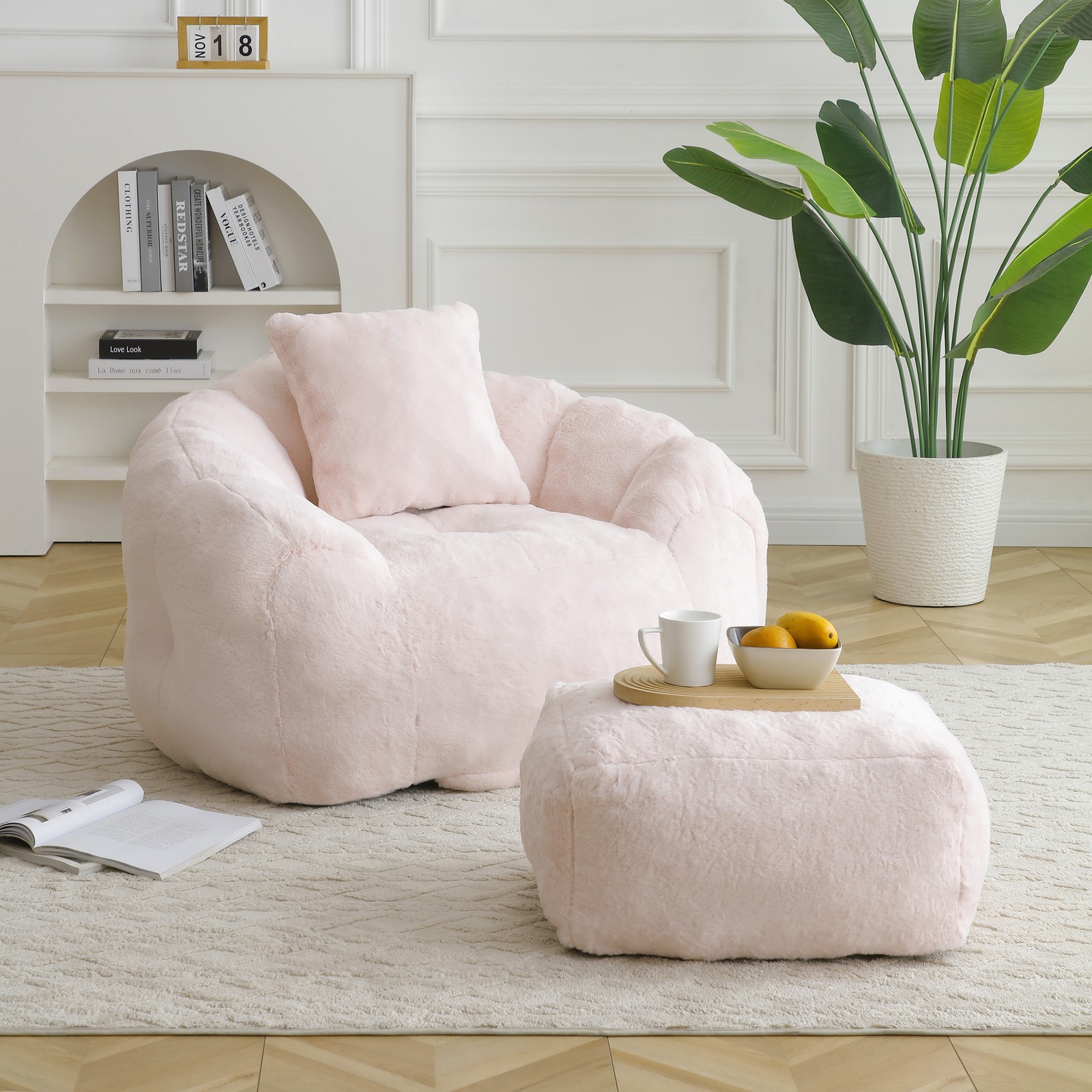 Shell-Shaped Faux Fur Bean Bag Chair with Footstool, 45.4"x36"x25.6" gallery