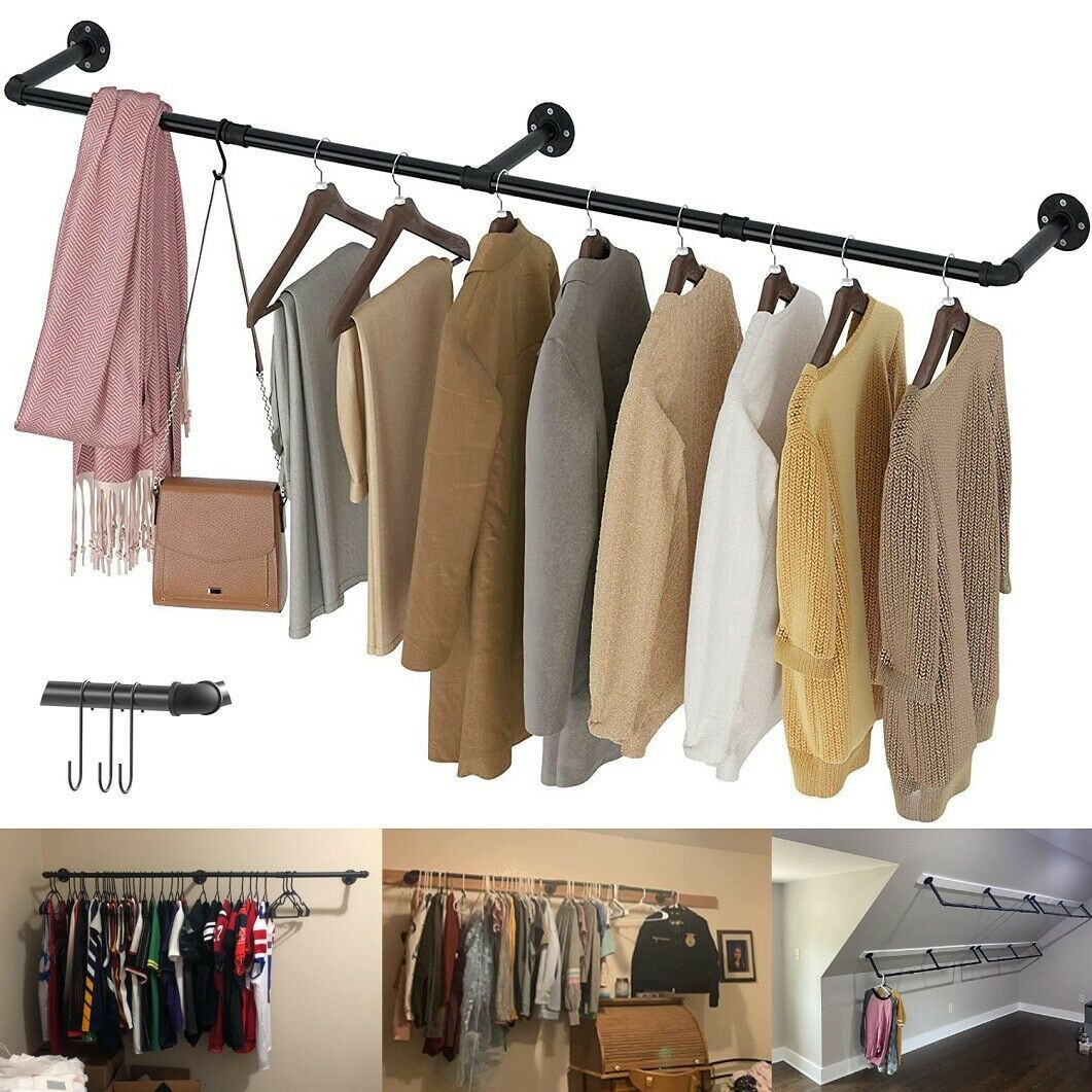 Long Clothes Rack 71"Pipe Wall Mounted Garment Rack Hanging Rod Clothing Storage gallery