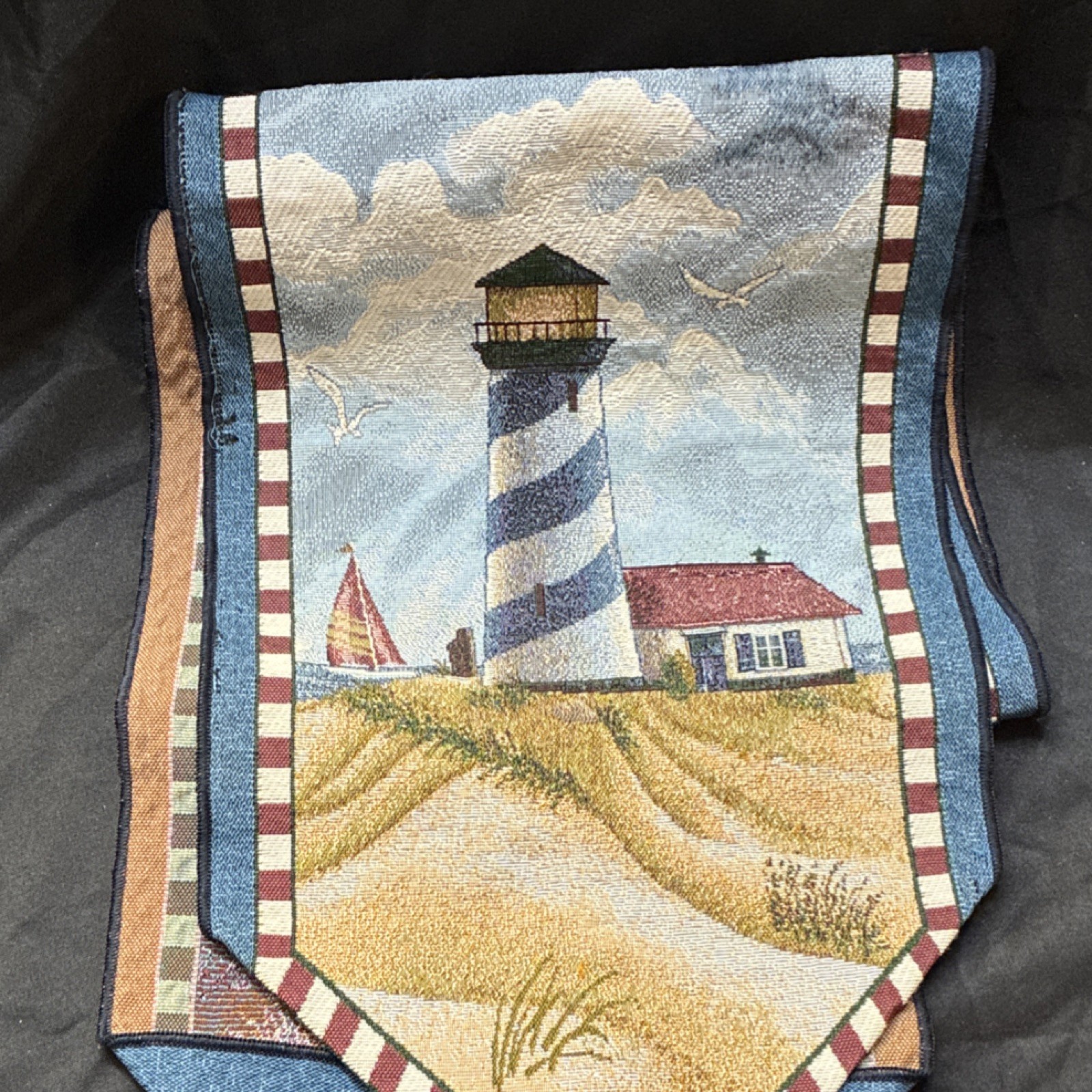 Lighthouse Coastal Fabric Table Runner with Tassels, Blue Beige Red White gallery