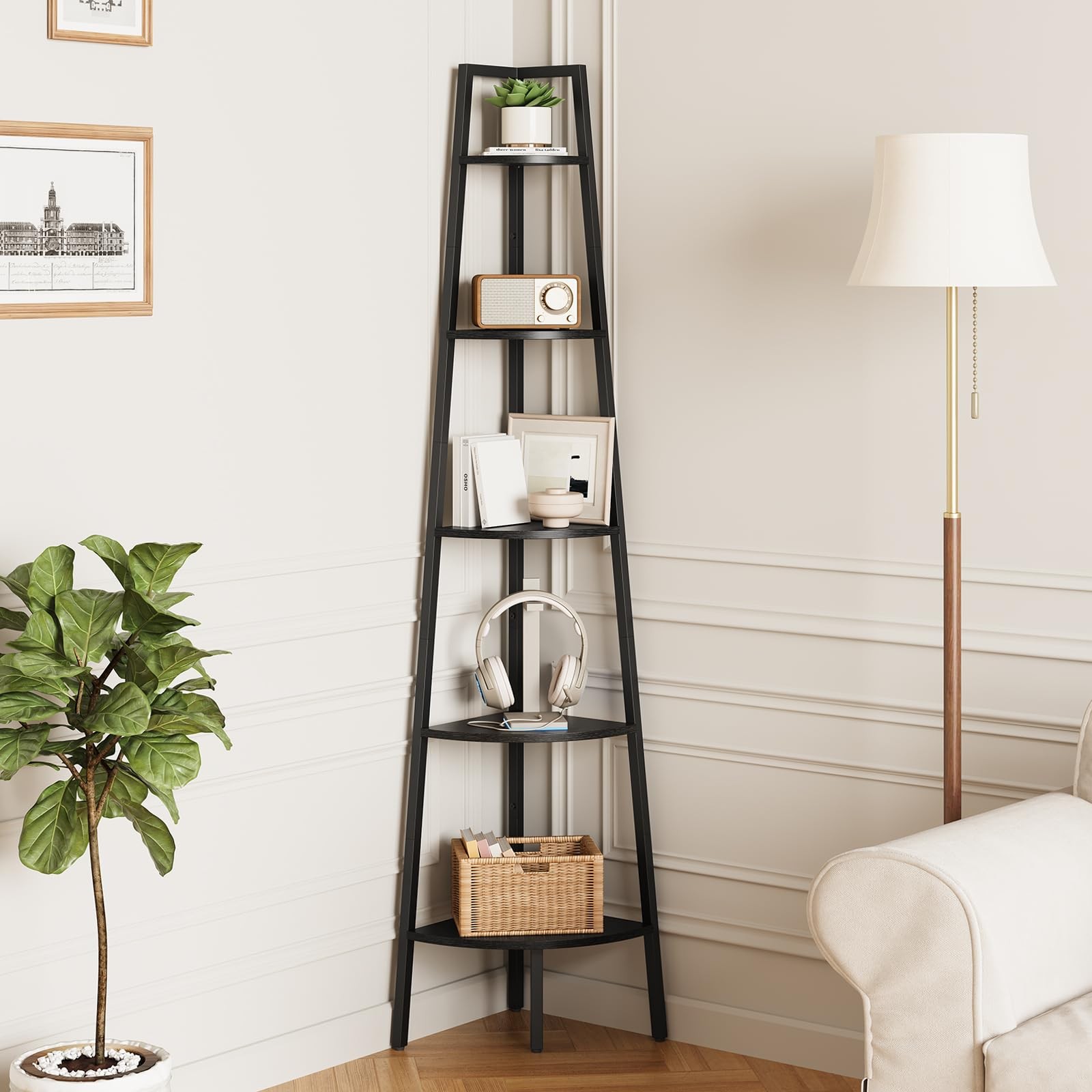 Yoobure Corner Shelf, 5-Tier Corner Bookshelf with Metal Frame & Wood Ladder ... gallery