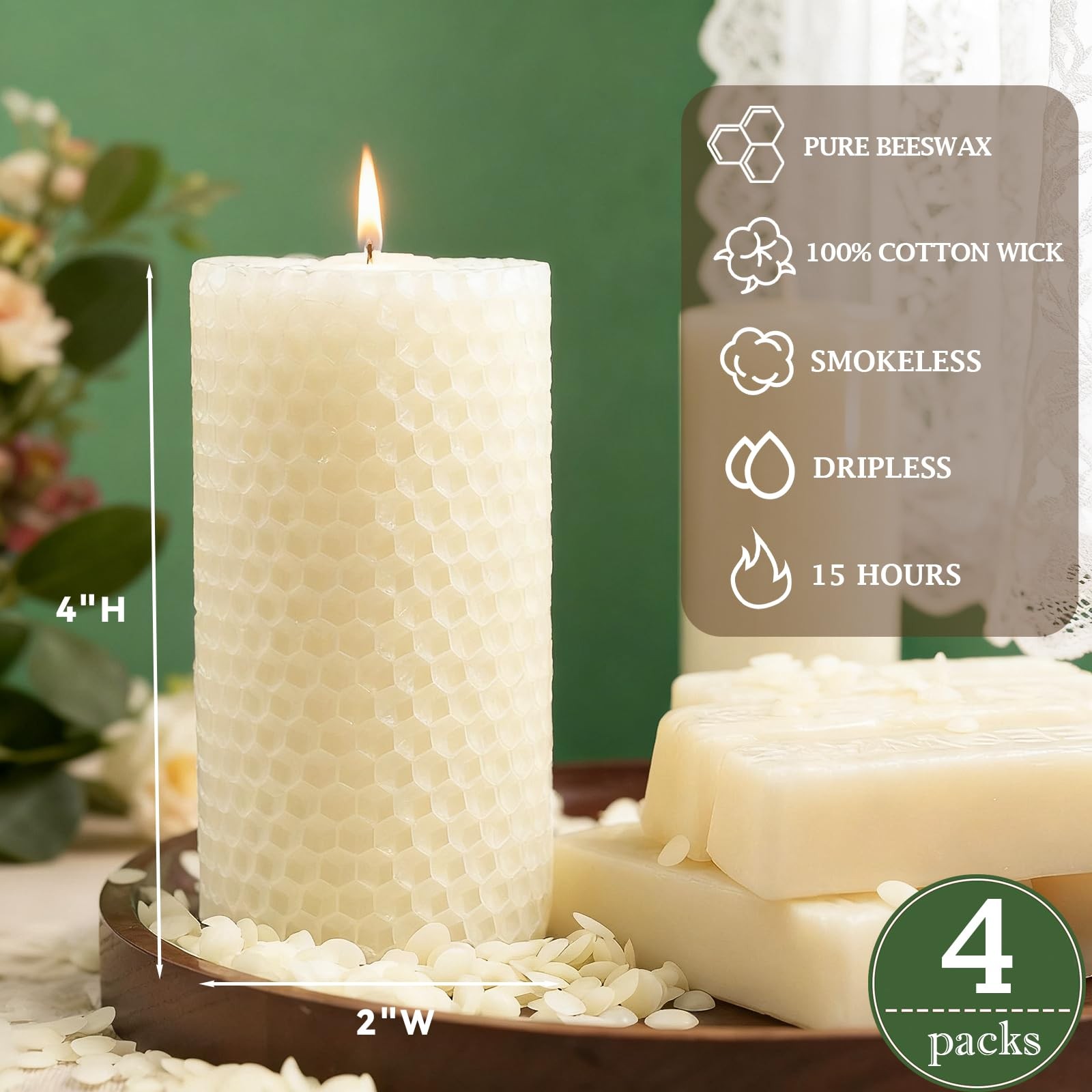White HandRolled Beeswax Candles, 4 Packs, 2x4 Inch White Honeycomb Pillar Ca gallery