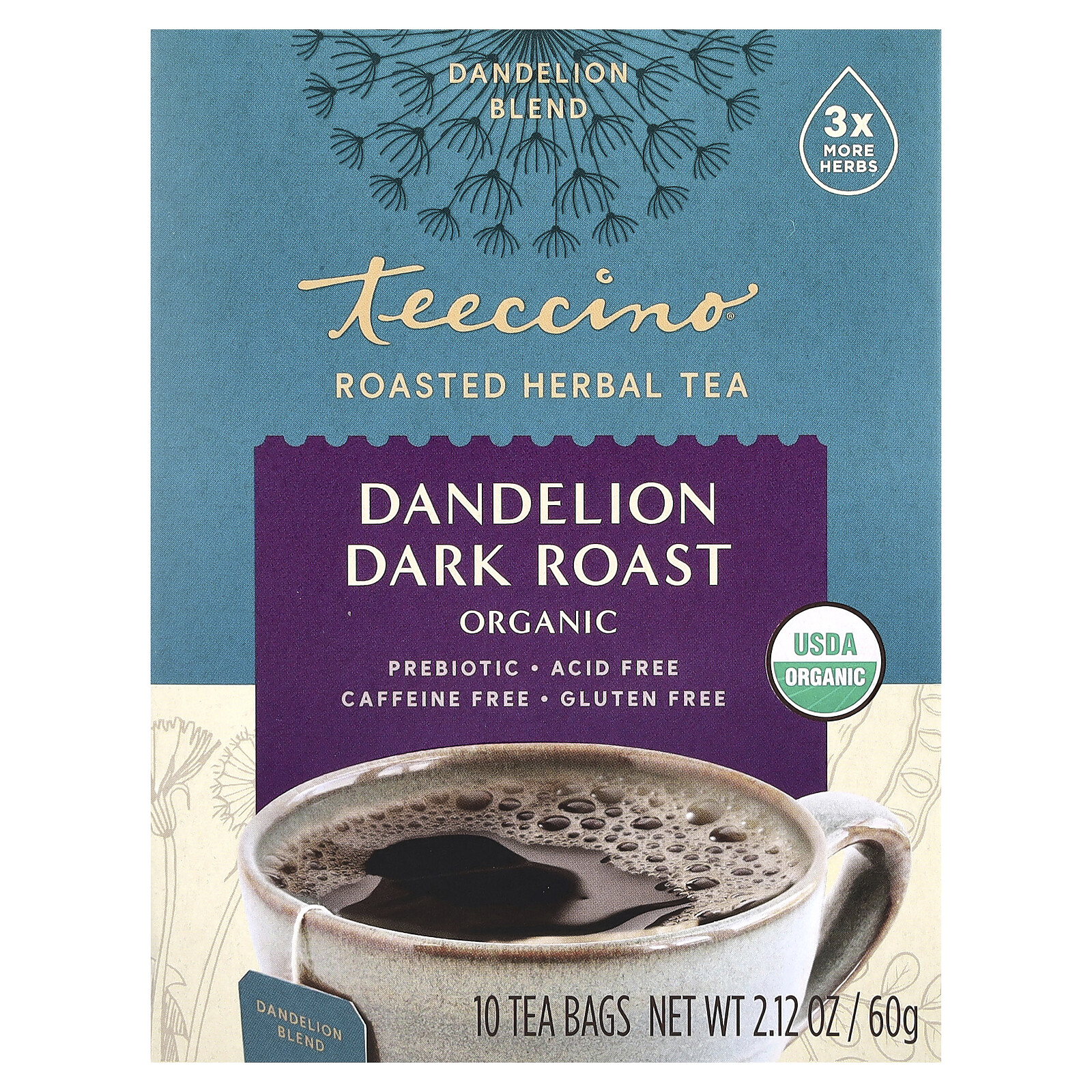 Organic Roasted Herbal Tea, Dandelion, Dark Roast, Caffeine Free, 10 Tea Bags, gallery