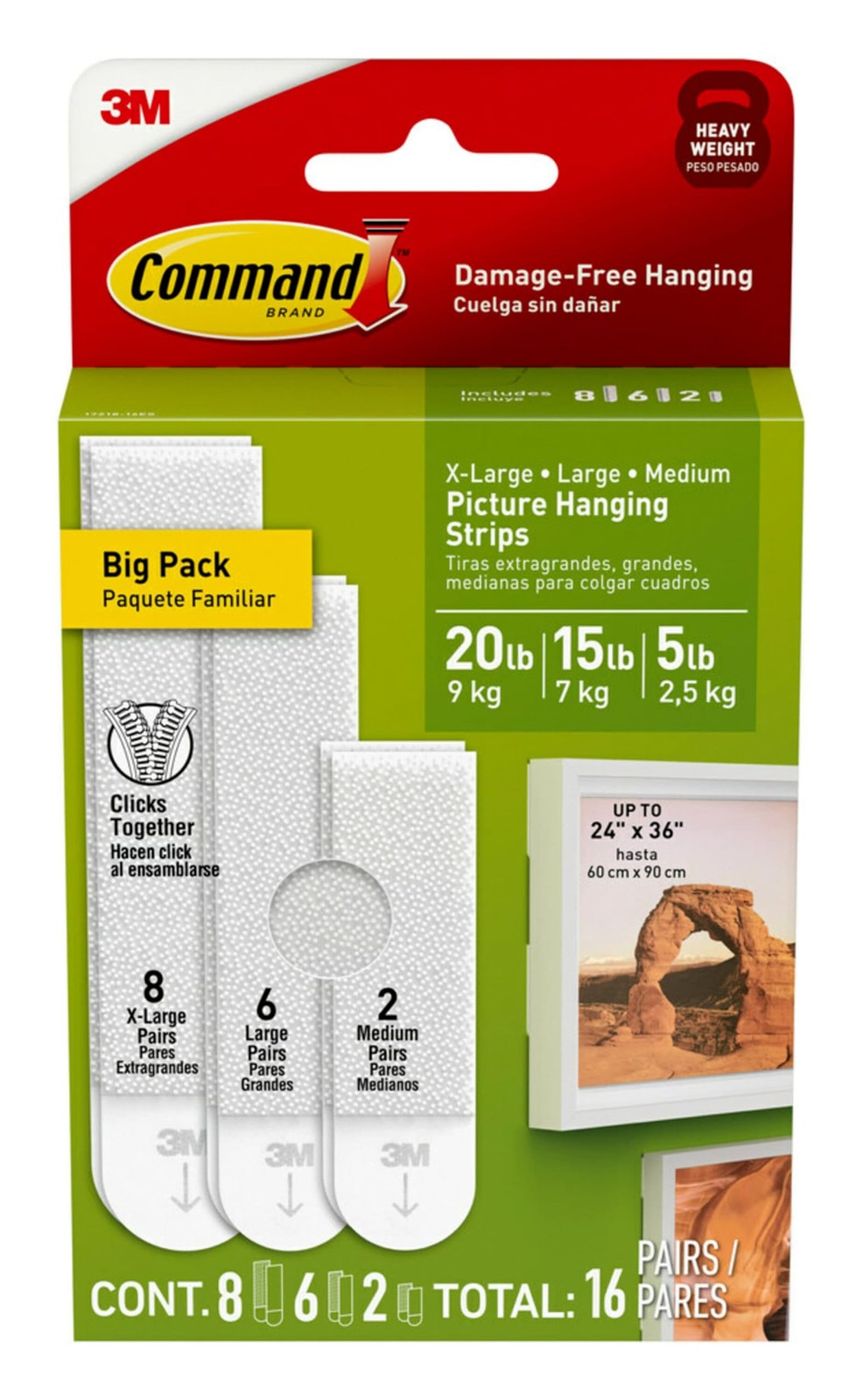 20, 15, & 5 lb X-Large, Large, and Medium 16 Pairs Picture Hanging Strips (32... gallery