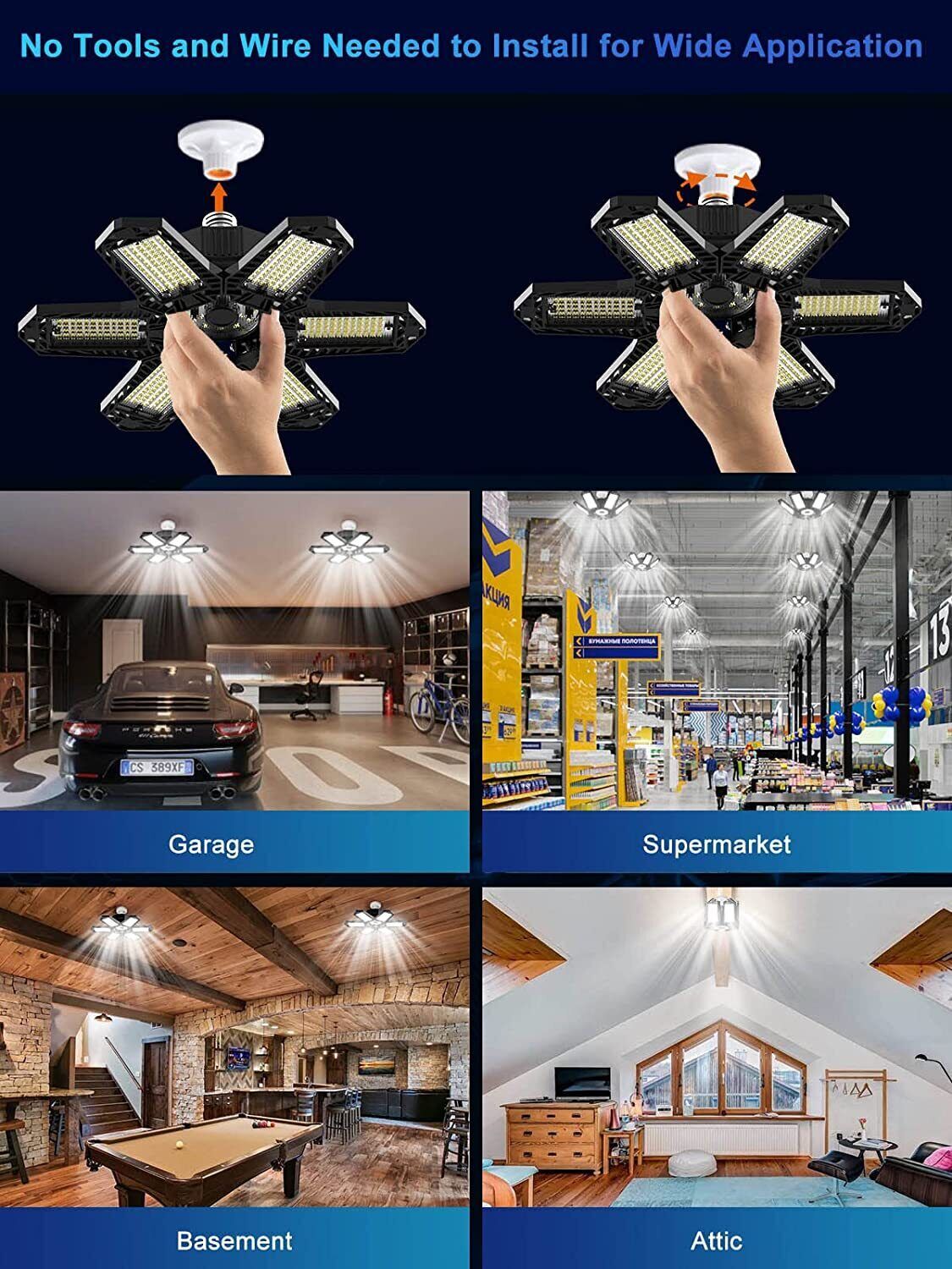 2Pack LED Garage Lights 100W 10000lm Deformable Garage Ceiling Light Shop Light gallery