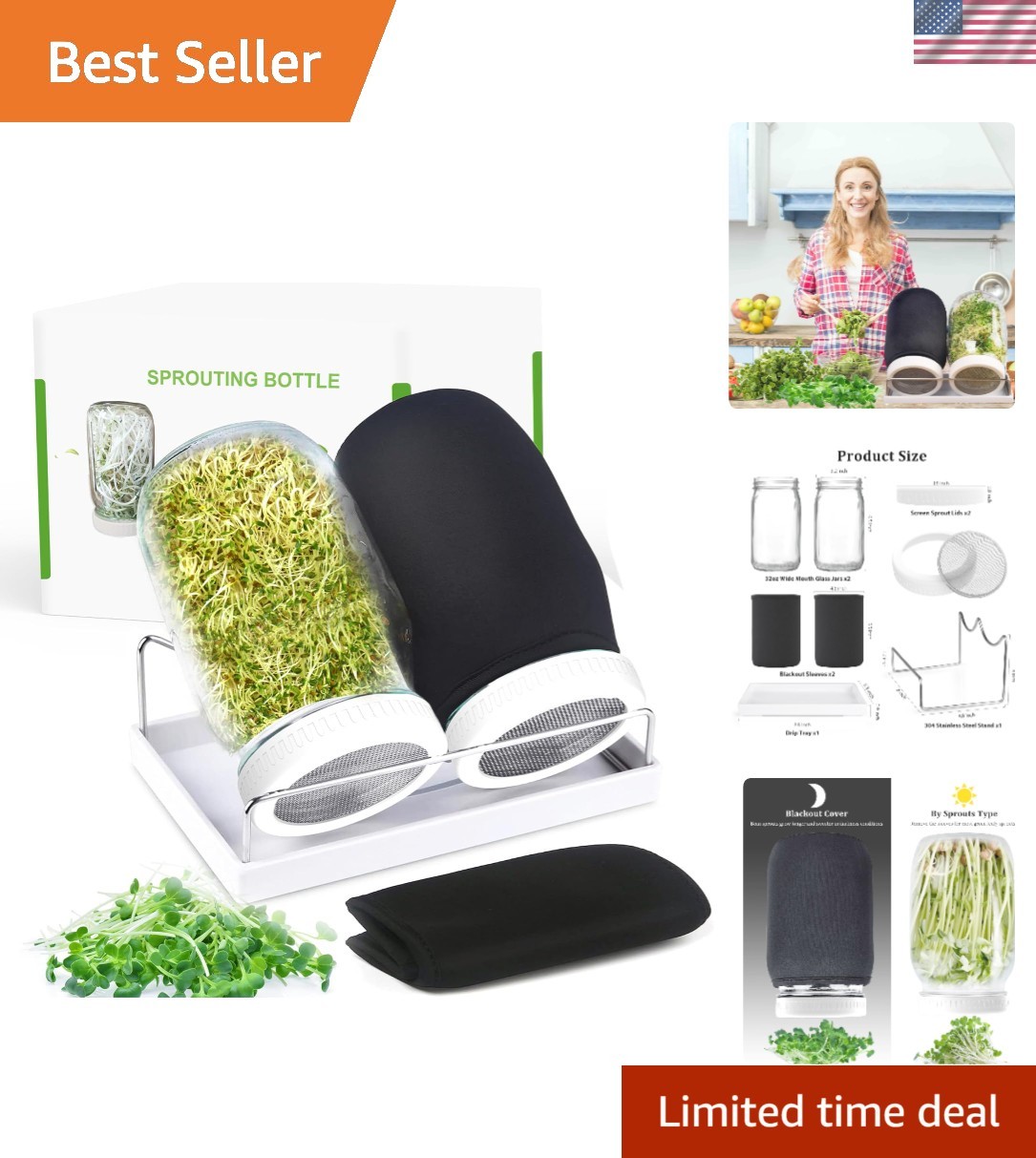 Complete Organic Seed Sprouter Kit: 2 x 32 oz Jars with Stainless Steel Features gallery