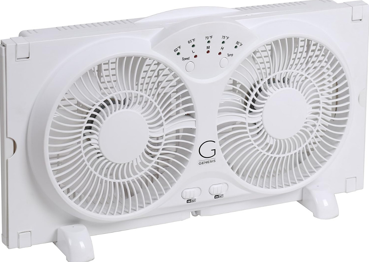 GENESIS Twin Window Fan Adjustable Thermostat Reversible Airflow 24 in. Wide gallery