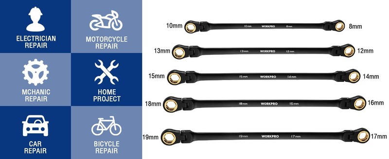 WORKPRO 5-piece Extra Long Flex-Head Ratcheting Wrench Set Anti-Slip w/Pouch NEW gallery