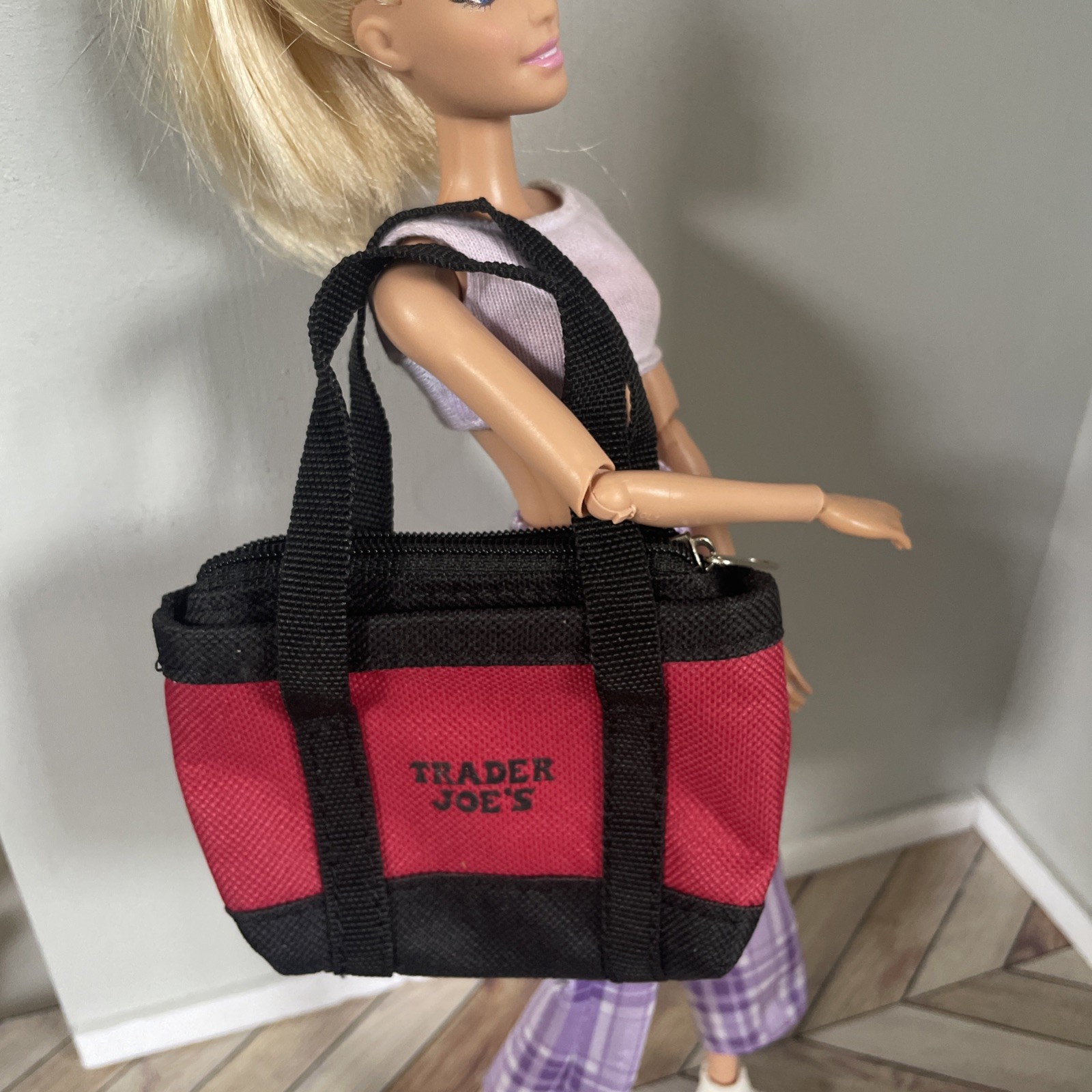 Trader Joes Micro Tote Mini Black And Red Zip Fits Barbie gallery