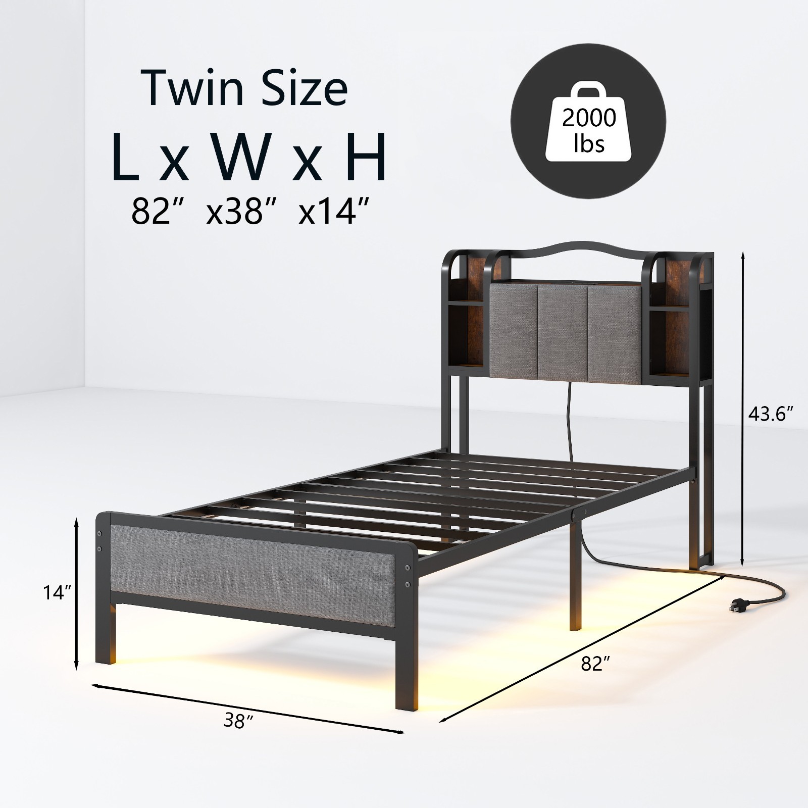 Metal Bed Frame With Headboard Storage Cabinet And USB & Type C Charging Station gallery