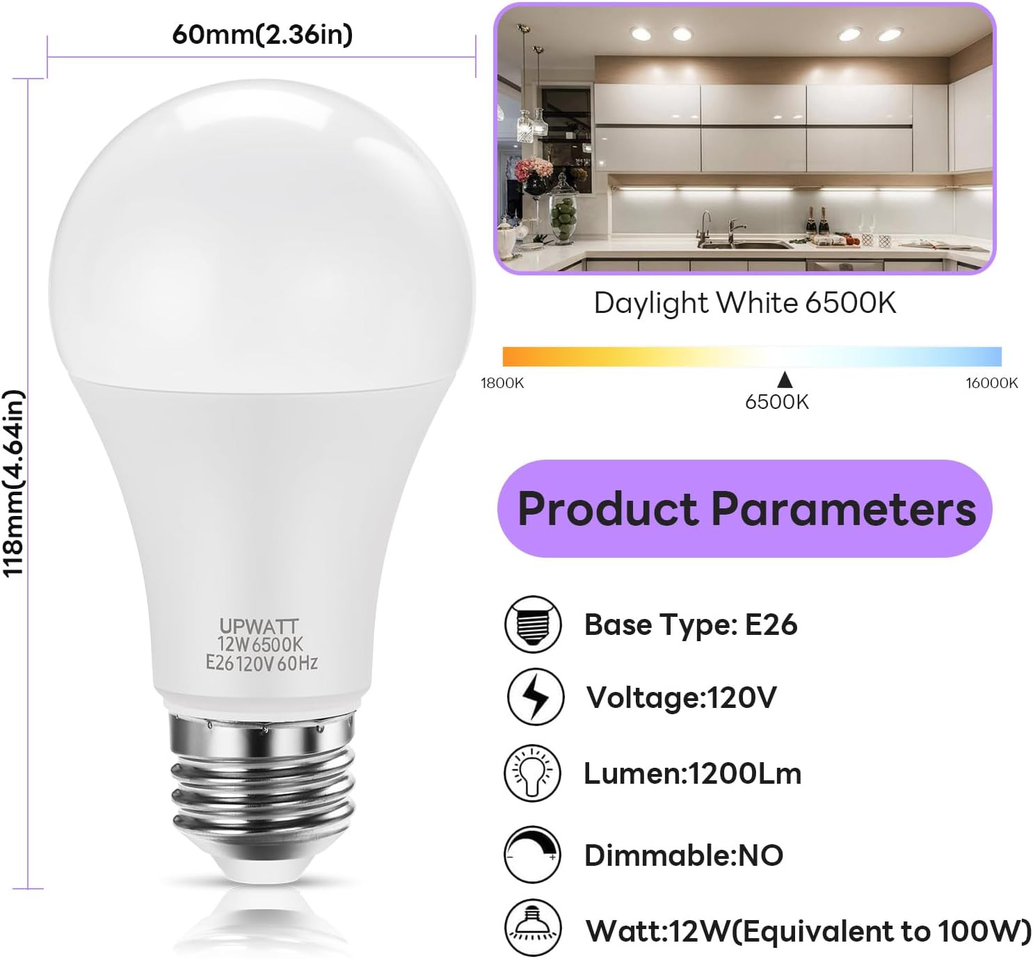 LED Light Bulbs, A19 Daylight 6500K Bulb, 12W 6500k Daylight, White gallery