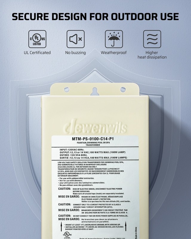 DEWENWILS 100W Pool Light Transformer 12V/13V/14V AC, UL Listed, Multi-tap gallery