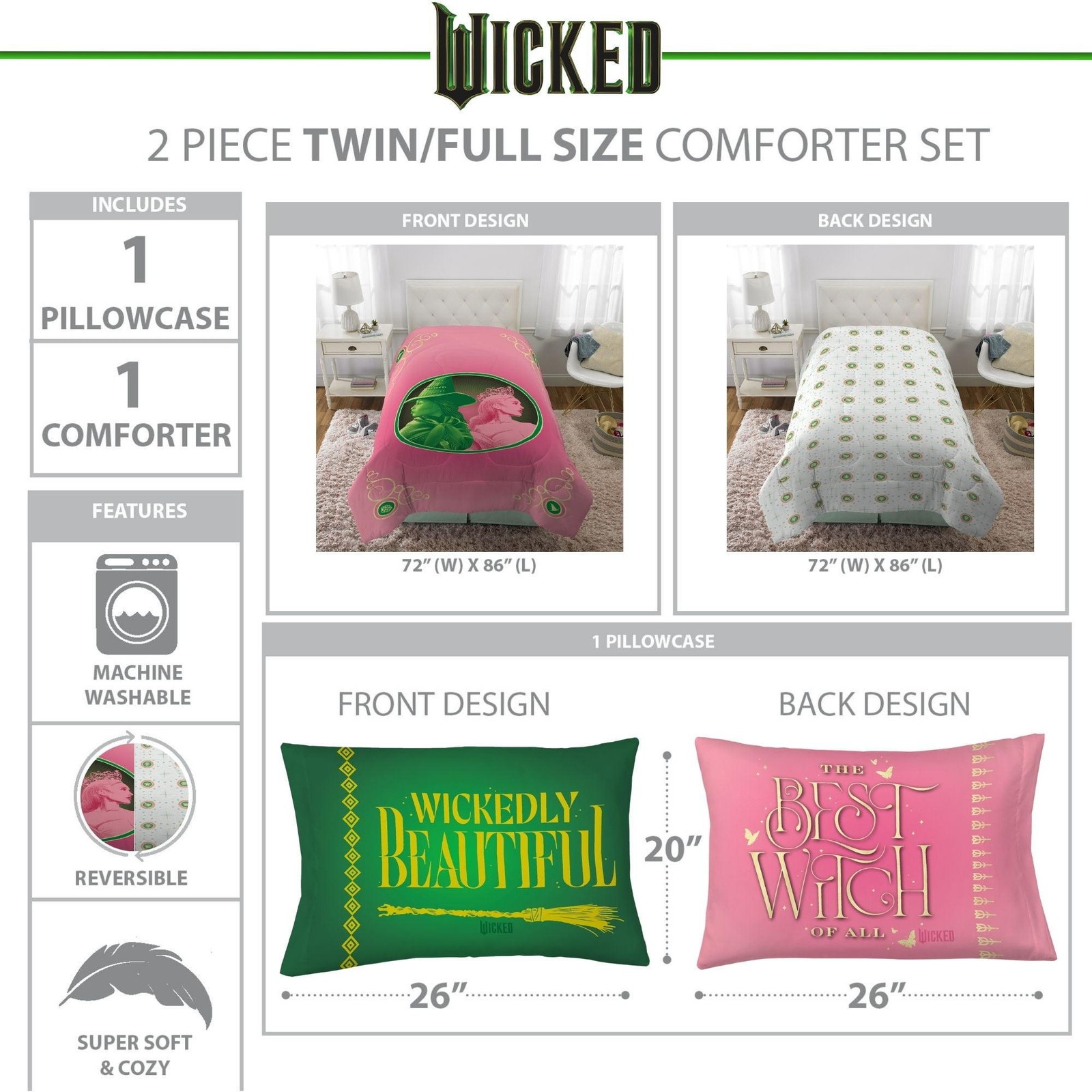 Wicked Kids 2 Piece Reversible Comforter and Pillowcase set, Twin/full gallery