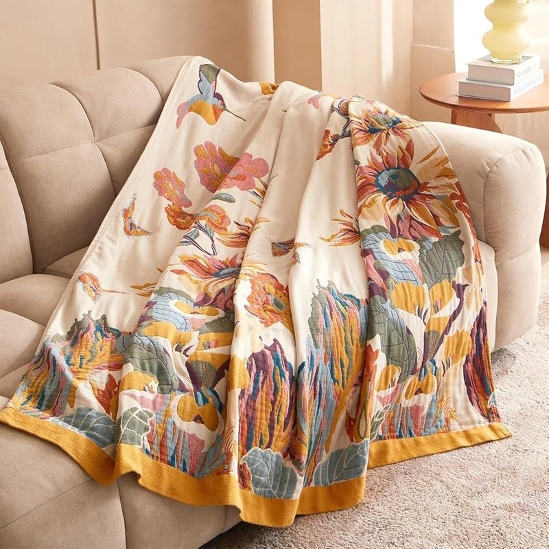 Cotton Boho Throw Blanket Reversible Lightweight Soft Muslin Floral Design New gallery