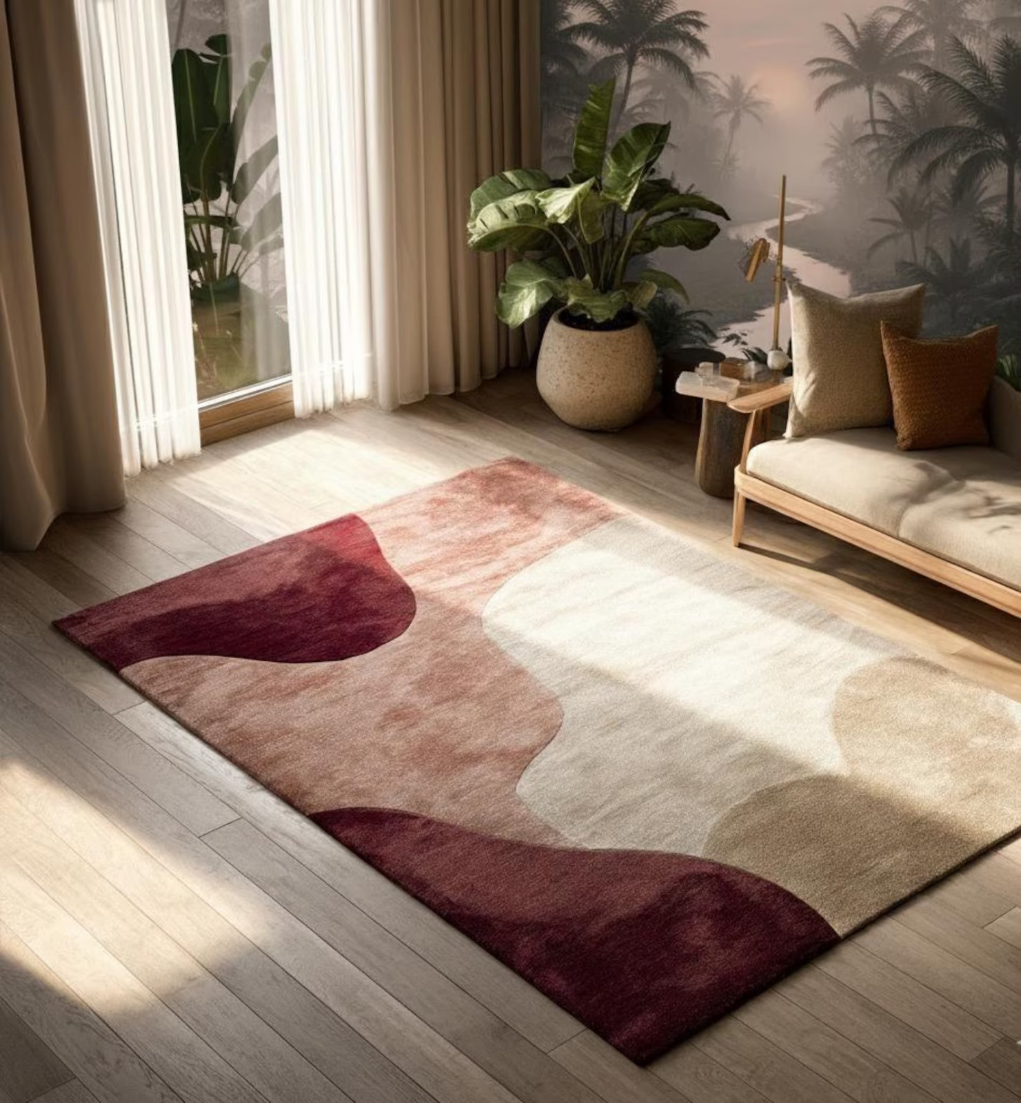 Hand-Tufted Wool Blend Rug Modern Abstract Wavy Design, 6x9 Burgundy Pink Cream gallery