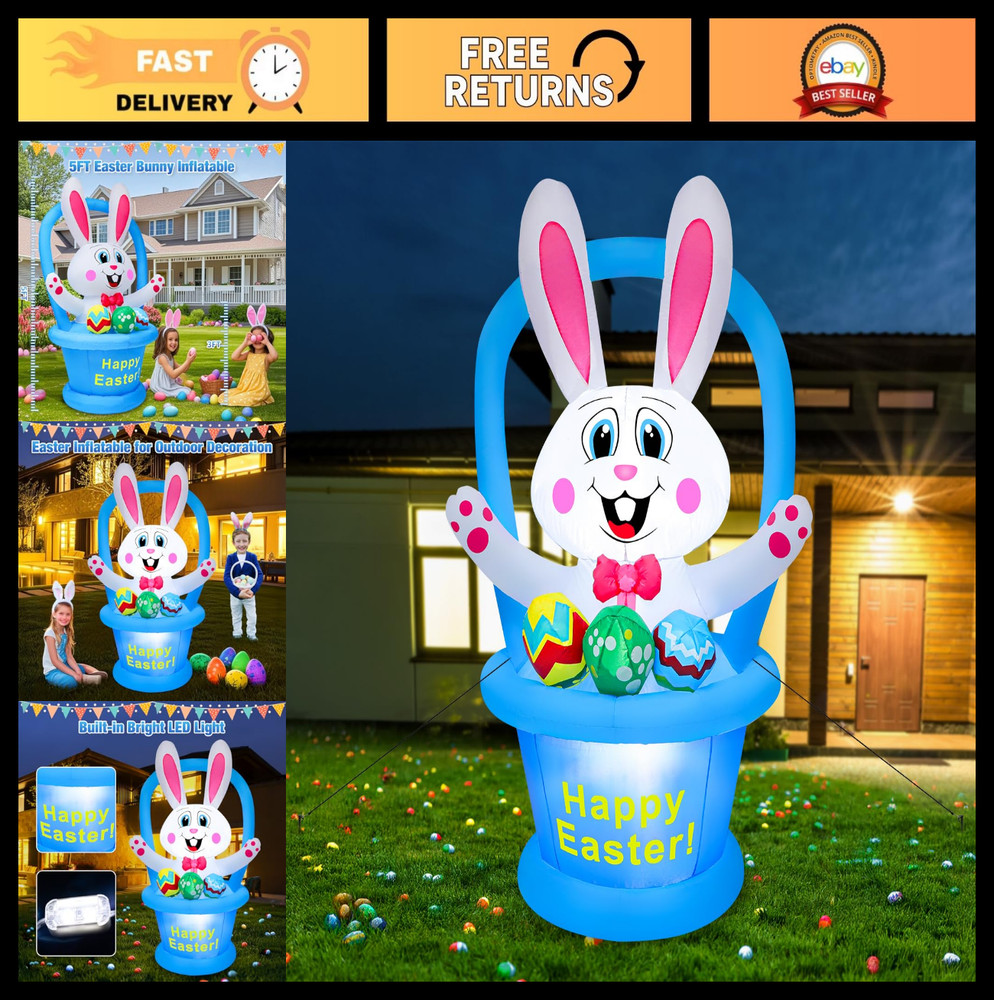 5 Ft Easter Inflatables Decorations - LED Light-Up Outdoor Decor for Garden Part