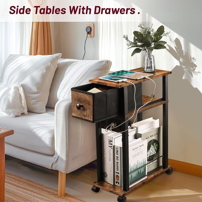 Sofa Side Table Narrow End Table Rustic Brown Black Small Couch Snack Table gallery