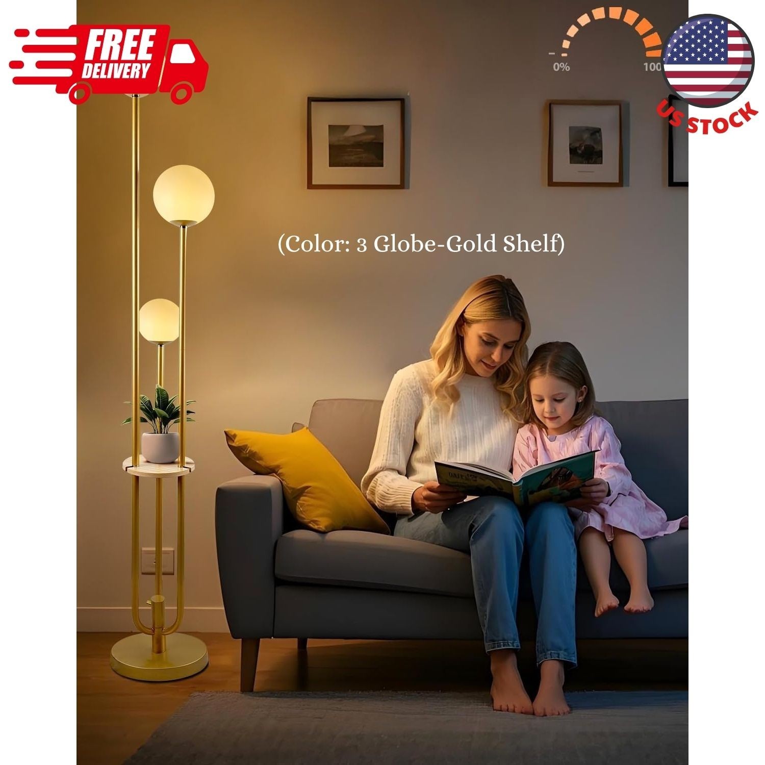 63IN Dimmable Gold Floor Lamp with Shelf Mid Century Standing Lamps gallery