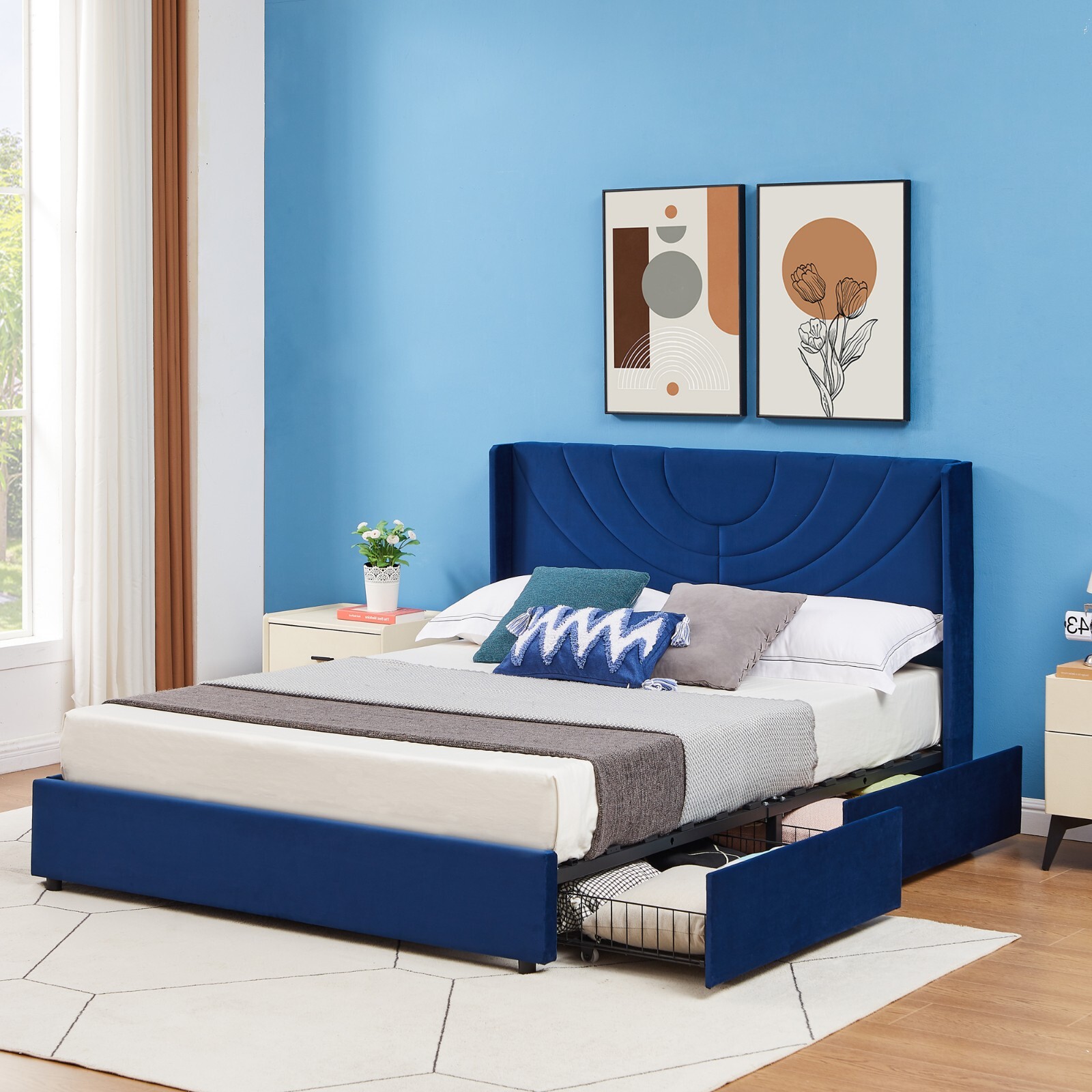 Full Queen Size Bed Frame with 4 Storage Drawers Easy Assembly Bed Blue/Pink gallery
