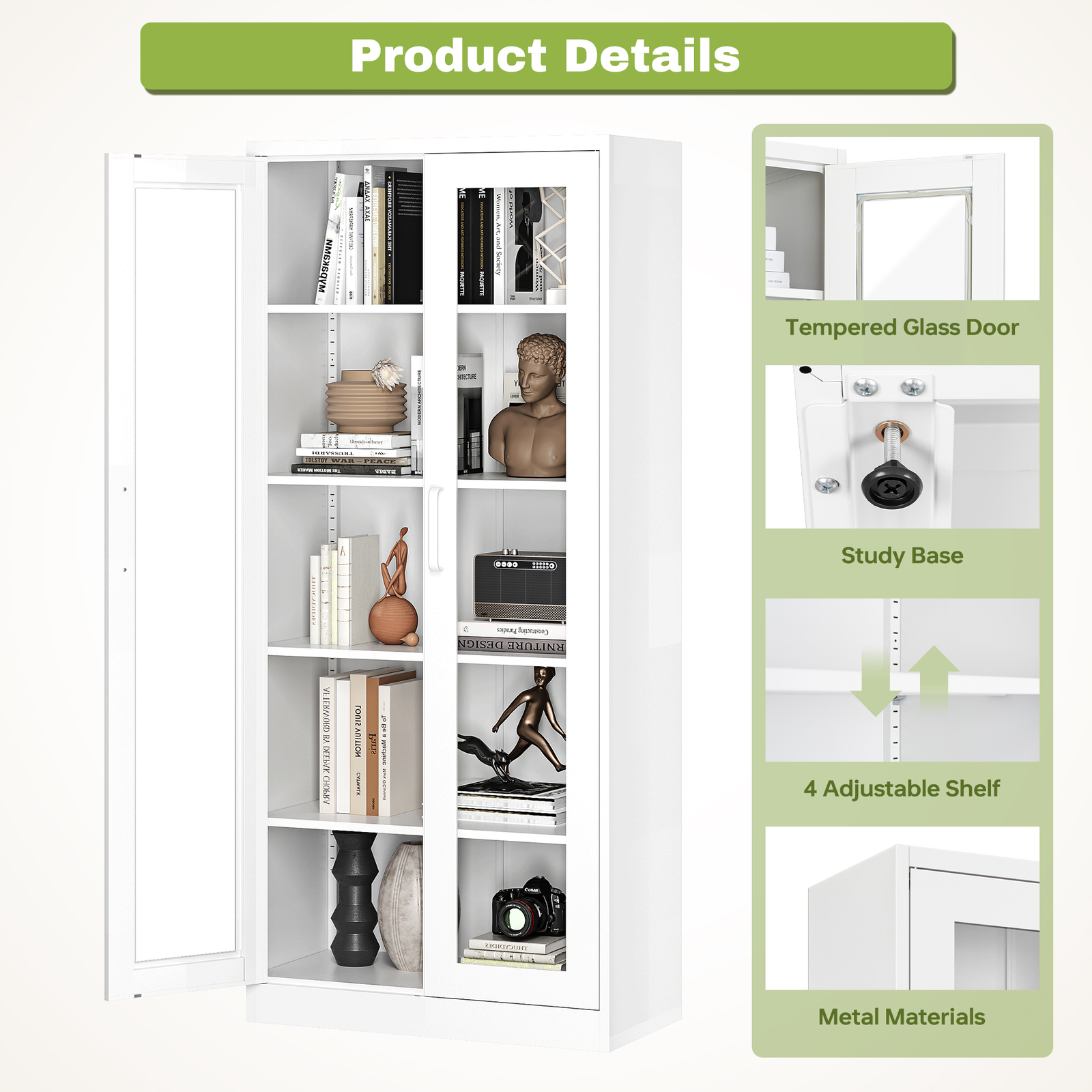 Tall Storage Cabinet Curio Display Cabinet with Adjustable Shelves Glass Doors gallery
