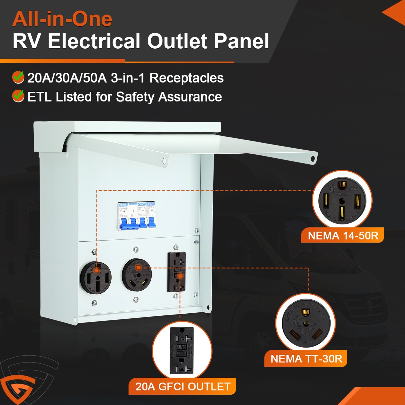 RV Electrical Outlet Panel with Breaker Temporary Power Outlet 20/ 30/ 50 Amp gallery