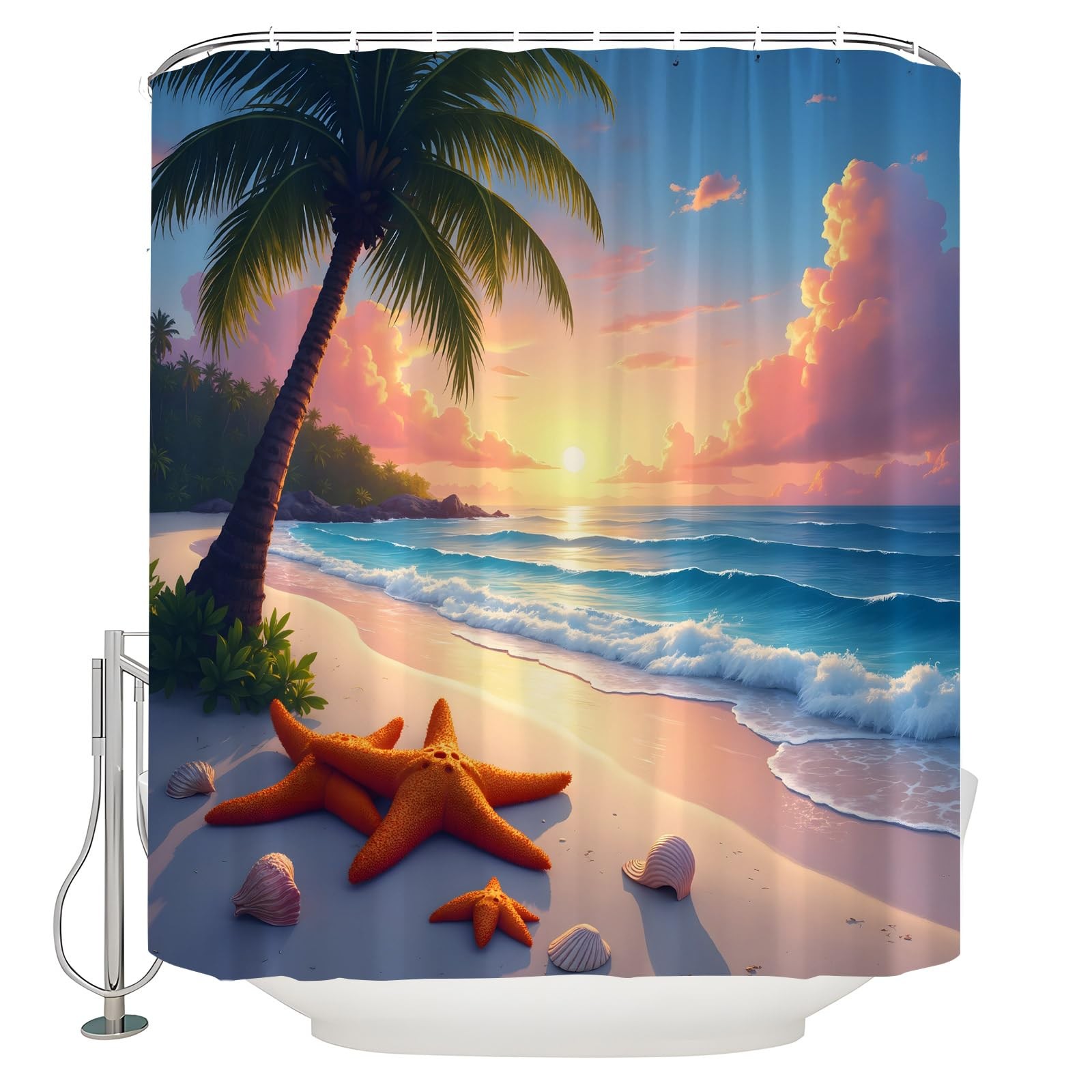 Beach Design Shower Curtain, Sunset, Landscape, Tropical Palm Tree, Sea gallery