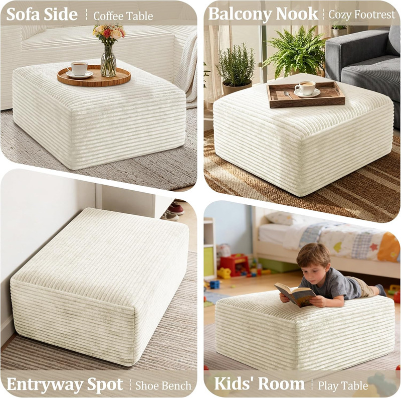 Beige Corduroy Ottoman - Modern Foam Foot Rest for Living Room & Bedroom gallery