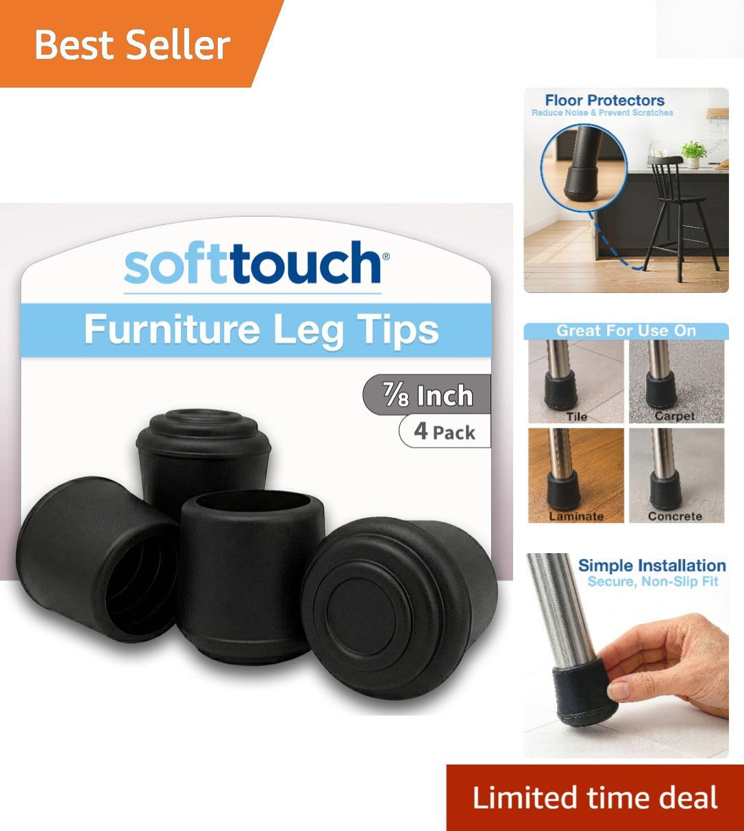 7/8" Non-Mark Rubber Chair Leg Tips - Durable Caps for Hardwood and Tile Floors gallery