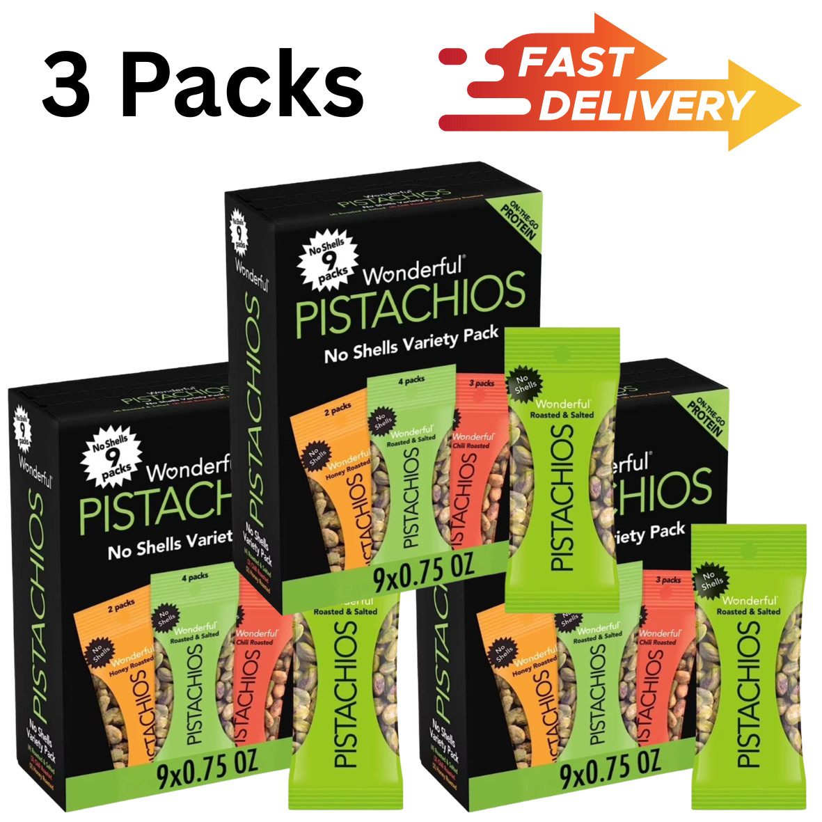 Wonderful Pistachios, No Shells Variety Pack Nuts, 0.75 Ounce Bags - Pack of 3 gallery