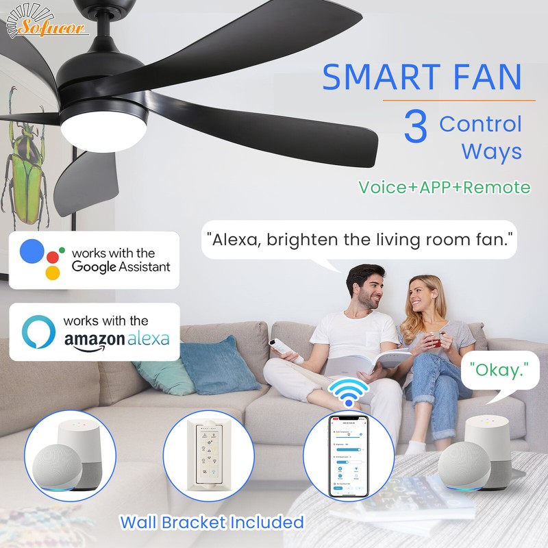 Sofucor 52" Smart Ceiling Fan with Lights and Remote Work with Alexa/Google/App gallery