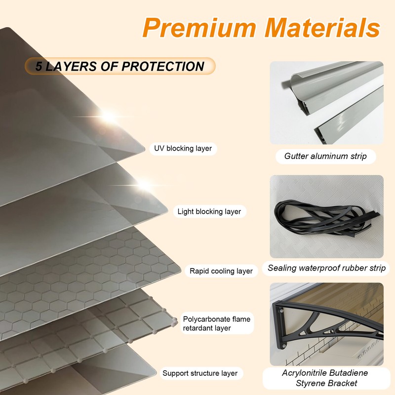 40/48/60/80" Solid Polycarbonate Awnings Door Canopy with Large Gutter Outdoor gallery
