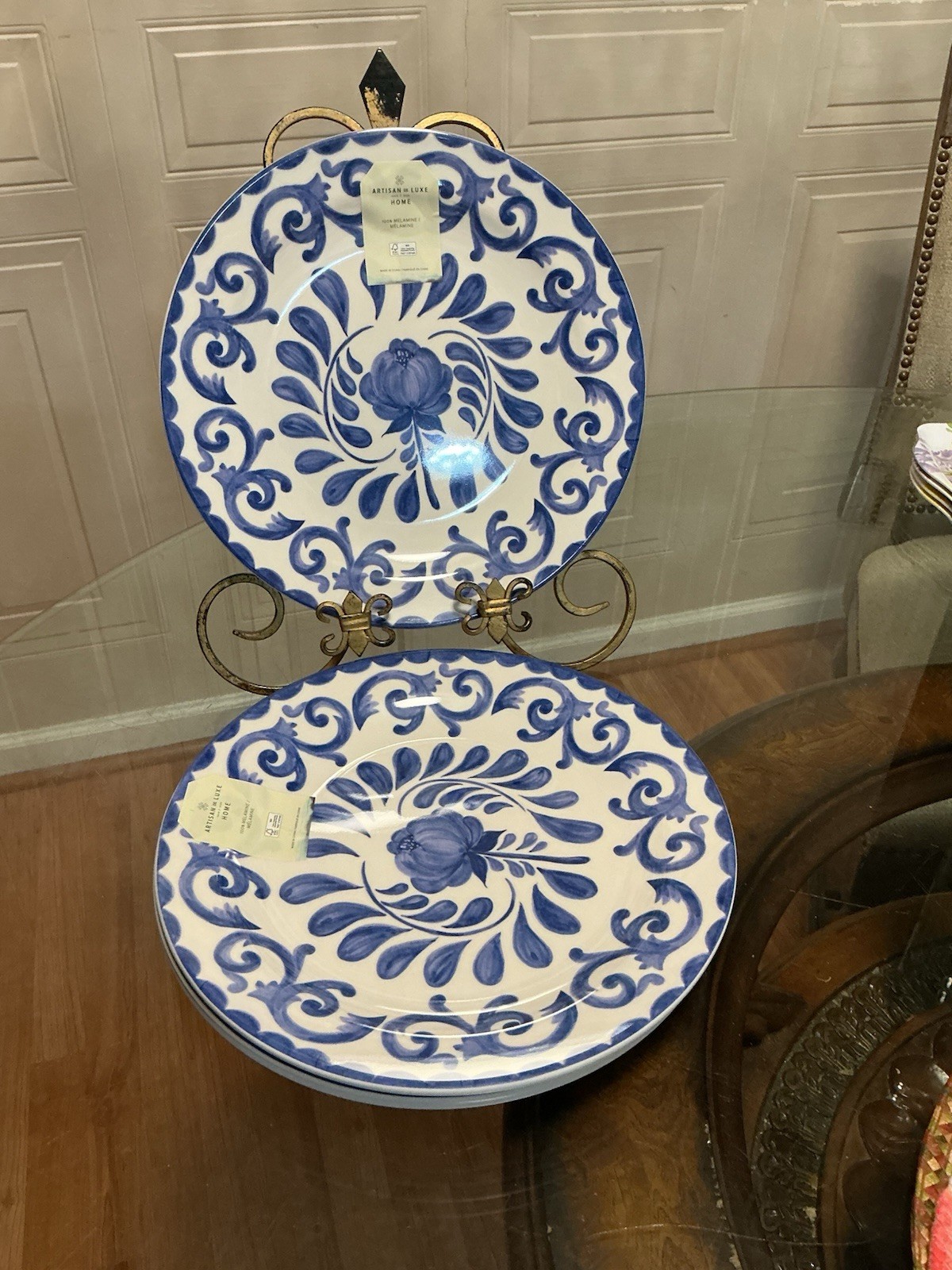 ARTISAN DE LUXE HOME MELAMINE Blue Rose Scroll Salad 9” Plate Set of 4 gallery