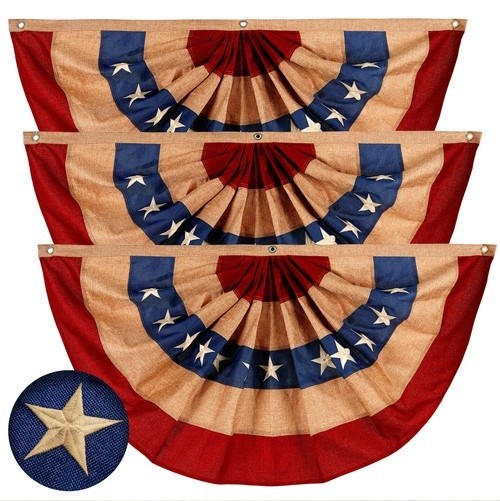 (3 PACK) American Tea-Stained Fan Flag Bunting 1.5x3FT 420D Burlap Embroidered gallery