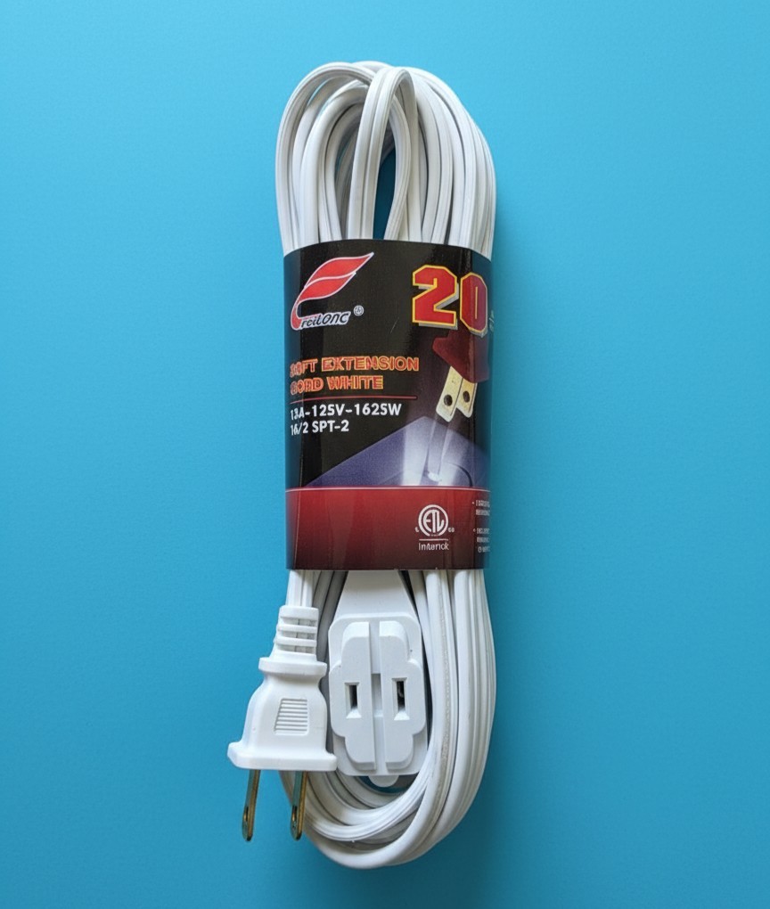Failong 20ft White Extension Cord 3 Outlets Type A 125V 1625W gallery