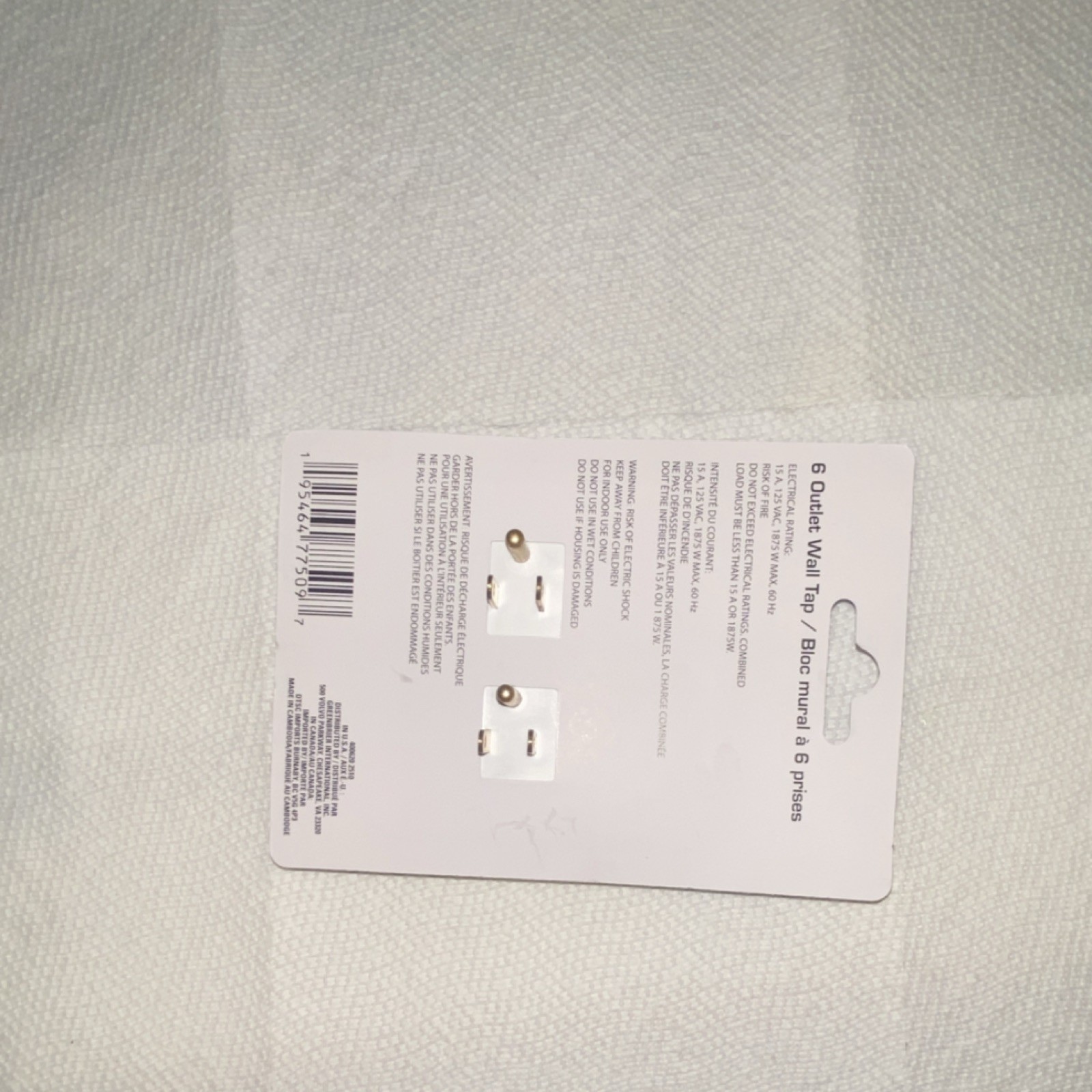 6 Outlet Wall Tap, White, Plastic, Plug Type A, 121-140V, 15A, Wall Mount gallery
