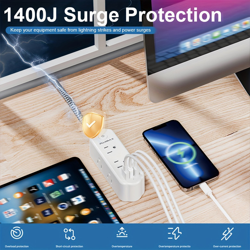 Flat Plug Power Board With 6 Sockets Long Extension Line USB Port Surge Protect gallery