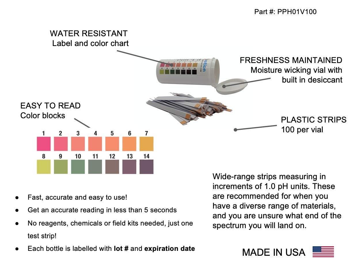 pH 1-14 Wide Range Test Strips [Moisture-Proof Vial of 100 Strips] Made in USA gallery