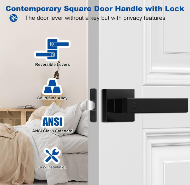 5 Pack Matte Black Interior Door Handles, Keyless Privacy Lock Levers gallery