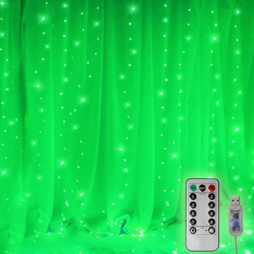 300 LED Curtain Lights - Christmas String Lights with Remote Control, USB Green gallery