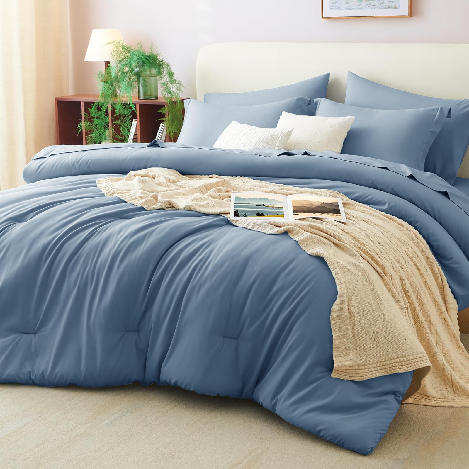 Dusty Blue Cal King 7 Piece Bedding Set: Down Alt Comforter, Sheets, Shams gallery