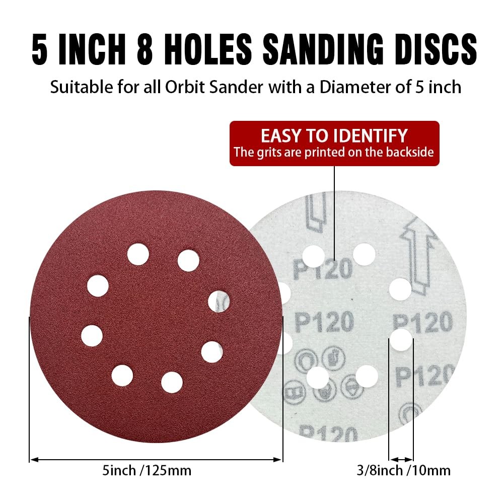 52 Pack 5 Inch 8Hole Hook and Loop Sanding Discs Sandpaper Red Round 60 80 12... gallery