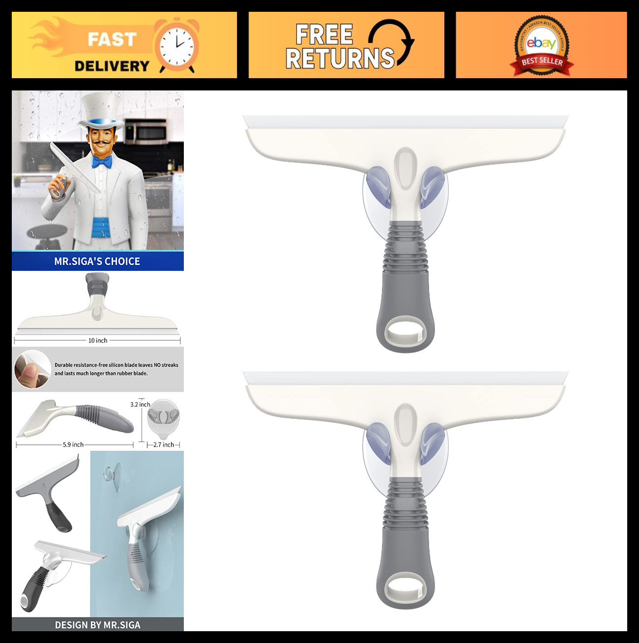 Multi-Purpose Silicone Squeegee for Windows, Glass, Shower Doors & Cars - 10" 2 gallery