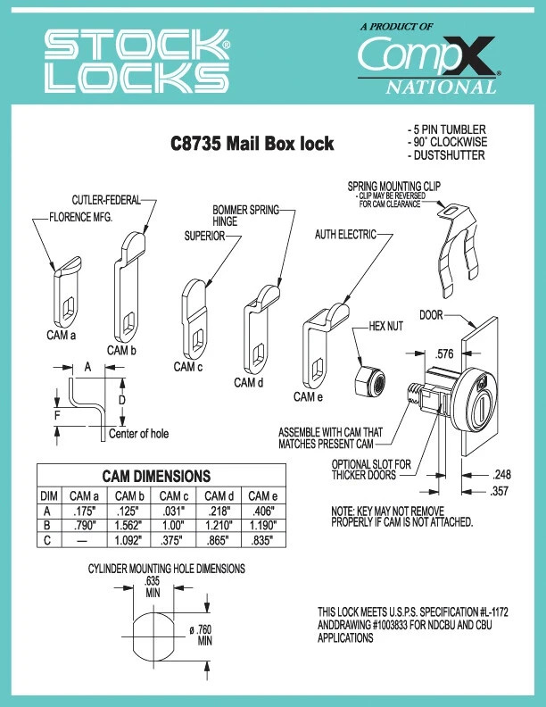 New - C8735 Lock - CompX NATIONAL Pin Tumbler Mail Box Lock w/ 5 Cams, Clockwise gallery