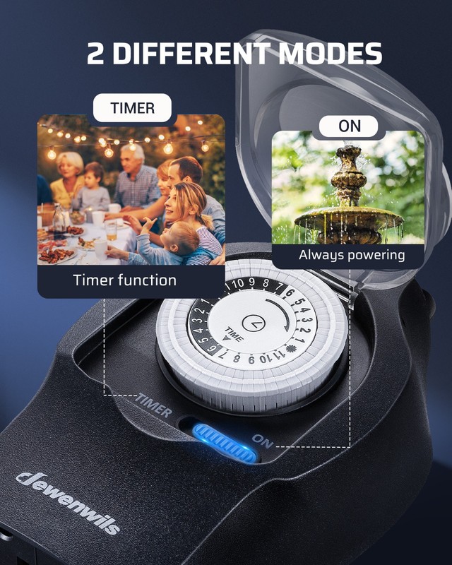 Mechanical Timer Switch for Outdoor Lights, Plug in, 15A Heavy Duty, 2 Outlets gallery